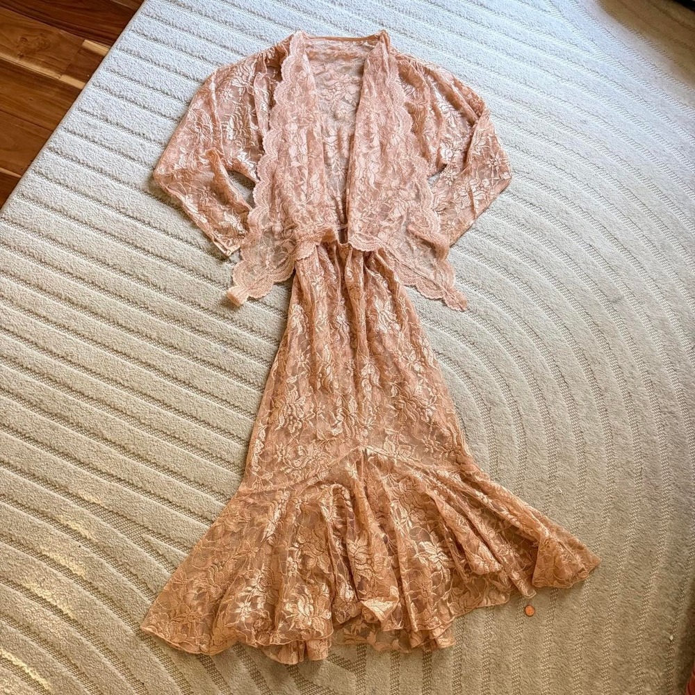 VTG 80s Salmon Pink Lace Embroidered Maxi Evening Dress M/L Glam Fairycore